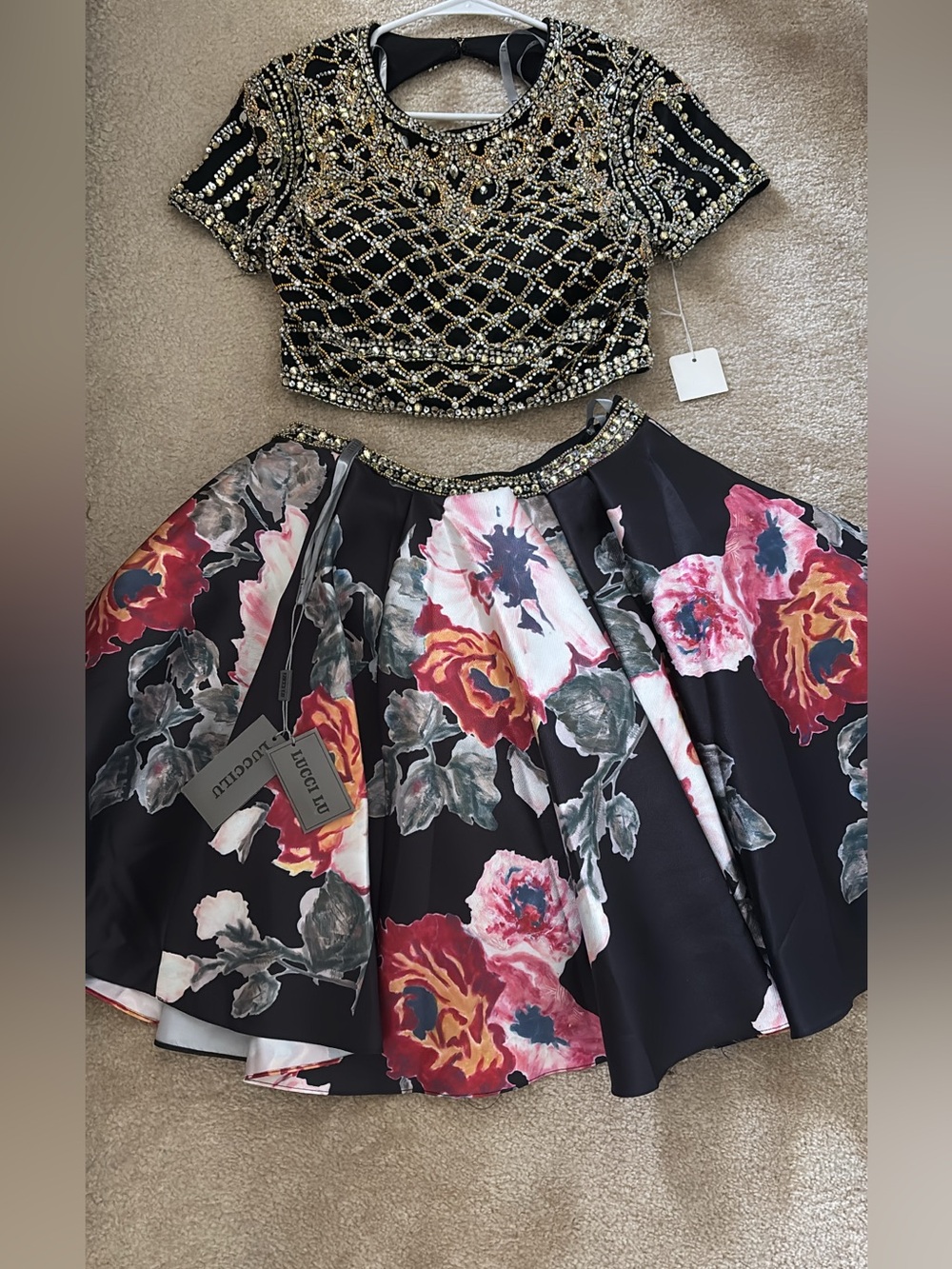 NWT Lucci Lu Beaded Embellished Cropped Top and Floral Skirt Set 2 Pieces Indian